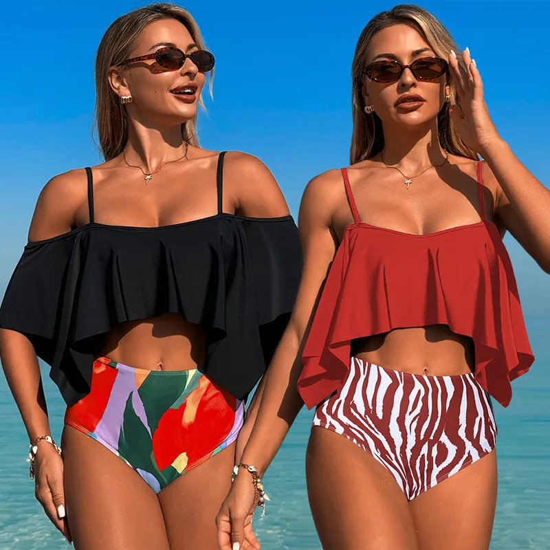 Women Bikini Top And Bottom Swimsuit Flounce Strappy Top High Waisted Printed Bottom Beach Vacation Bathing Suit Nylon