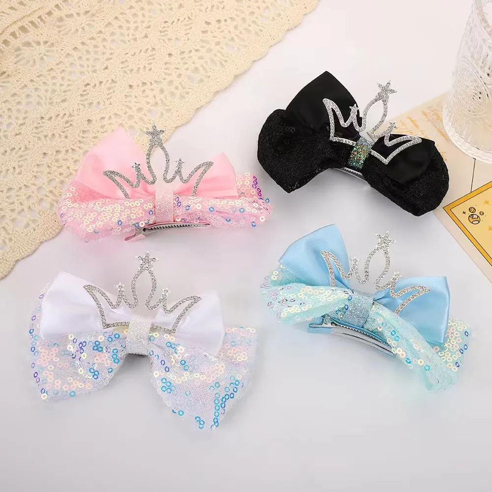 Girls Bow Hair Clip With Rhinestone Crown Sequin Satin Duckbill Pin Princess Party Performance Headwear Elegant