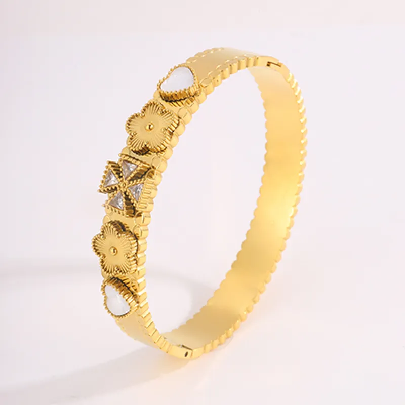 Vintage Gold Stainless Steel Bangle Heart White Shell Inlay Flower Zircon Star Luxury Fashion Bracelet For Women