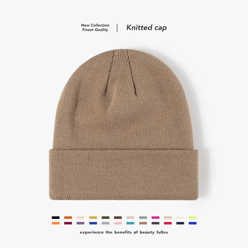Unisex Winter Knitted Beanie Hat Soft Acrylic Cuffed Solid Color Outdoor Warm Elastic Casual Skull Cap