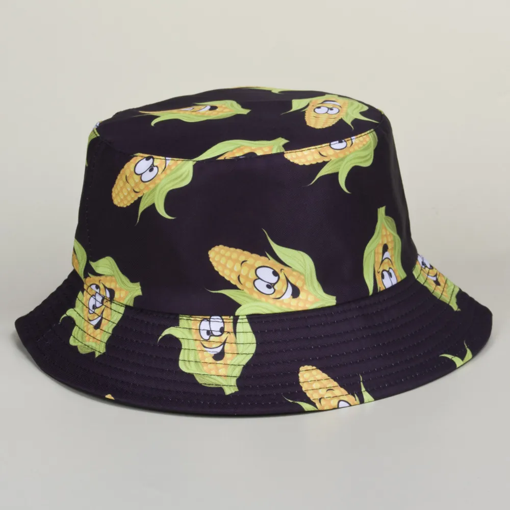 Bucket Hat Cartoon Corn Print Cotton Twill Outdoor Sun Protection Casual Cute Women Novelty Black