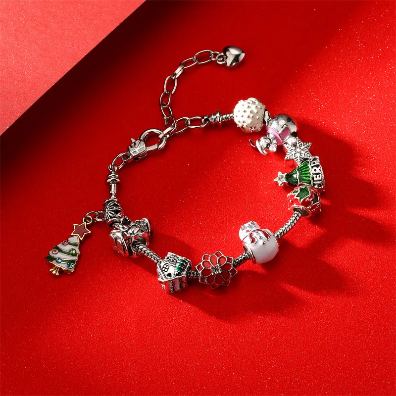 Bracelet À Breloques De Noël DIY Chaîne Serpent Émail Bonhomme De Neige Arbre Perles Bijoux Cadeau