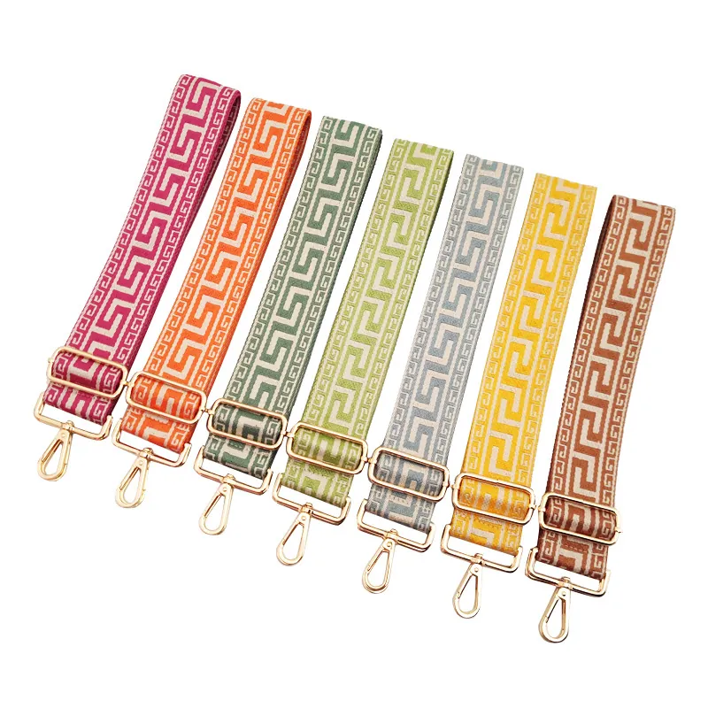 Adjustable Wide Replacement Shoulder Strap For Women Handbags Geometric Meander Pattern Jacquard Weaving Webbing Strap With Metal Hooks