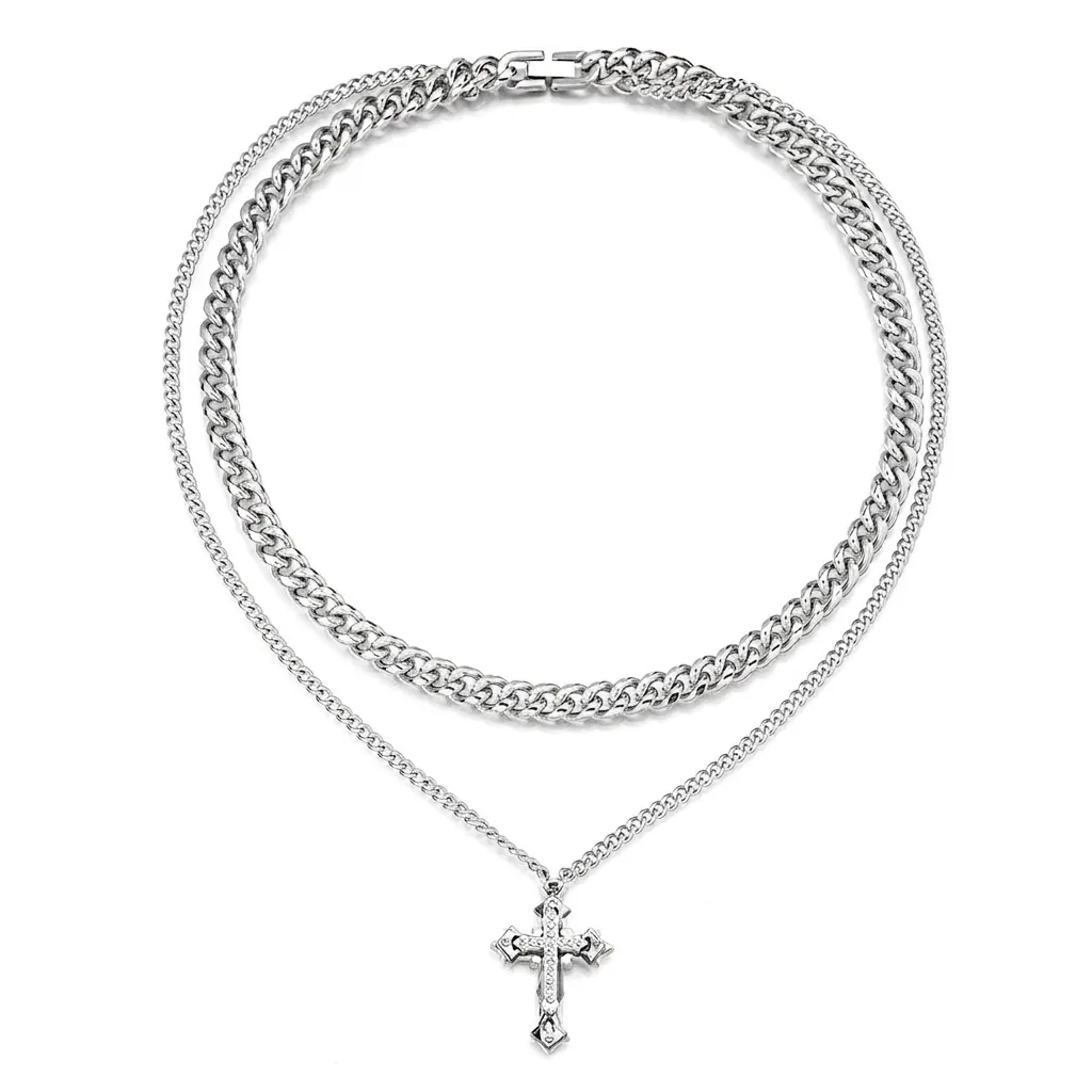 Stainless Steel Cross Pendant Necklace For Men Women Hip Hop Double Layer Cuban Link Chain Rhinestone Inlaid Jewelry