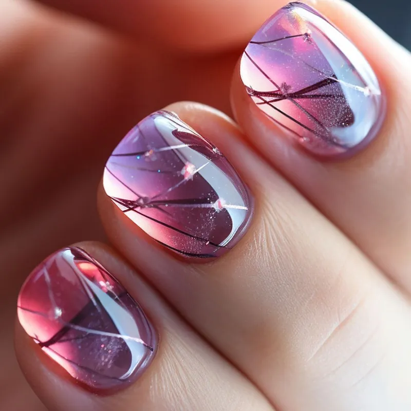 Short Square Press On Nails Gradient Purple Glossy ABS Resin Artificial Nails With Silver Geometric Lines For Women Manicure