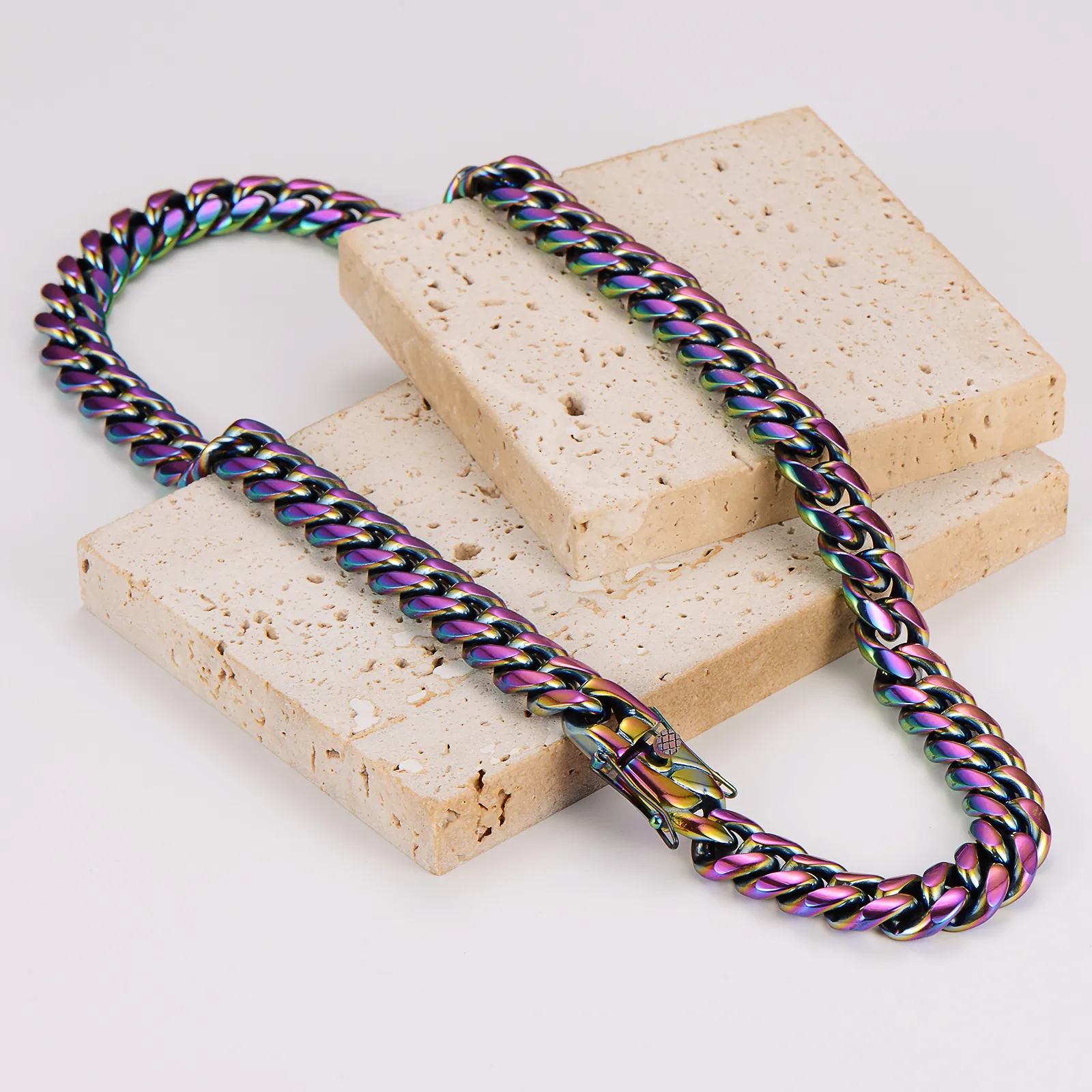 Collier Chaîne Maille Gourmette Pour Hommes Acier Inoxydable 304 Arc-En-Ciel Coloré Électrodéposé Hip Hop Punk