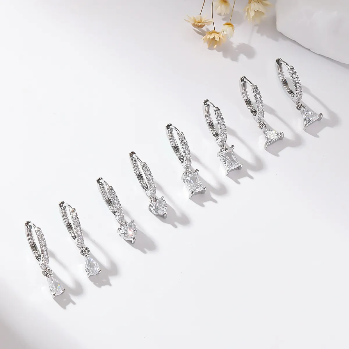 Copper Rhinestone Geometric Drop Hoop Earrings Heart Teardrop Triangle Rectangle Silver Plated Minimalist Jewelry For Women