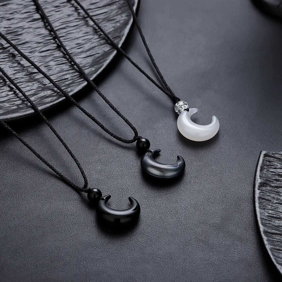 Crescent Moon Pendant Necklace Hand Woven Cord Resin Stone Style Minimalist Jewelry Unisex Versatile Accessories