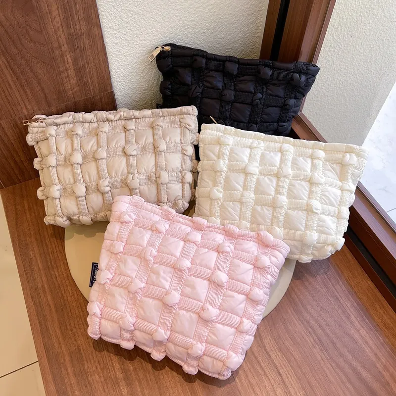 Bubble Quilted Clutch Bag Polyester Puffy Cloud Grid Makeup Organizer 3D Texture Travel Cosmetic Pouch For Women