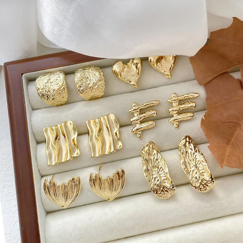Textured Gold Plated Copper Earring Posts DIY Jewelry Findings Irregular Geometric Heart Stud Earring Components