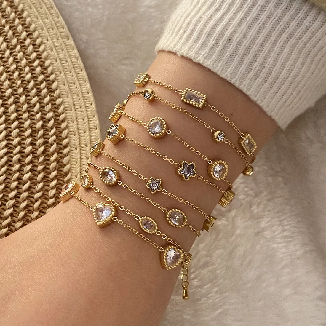Bracelet Double Rangée Acier Inoxydable Cœur Étoile Géométrique Verre Cristal Charmes Ton Or Bijoux Tendance Pour Femmes