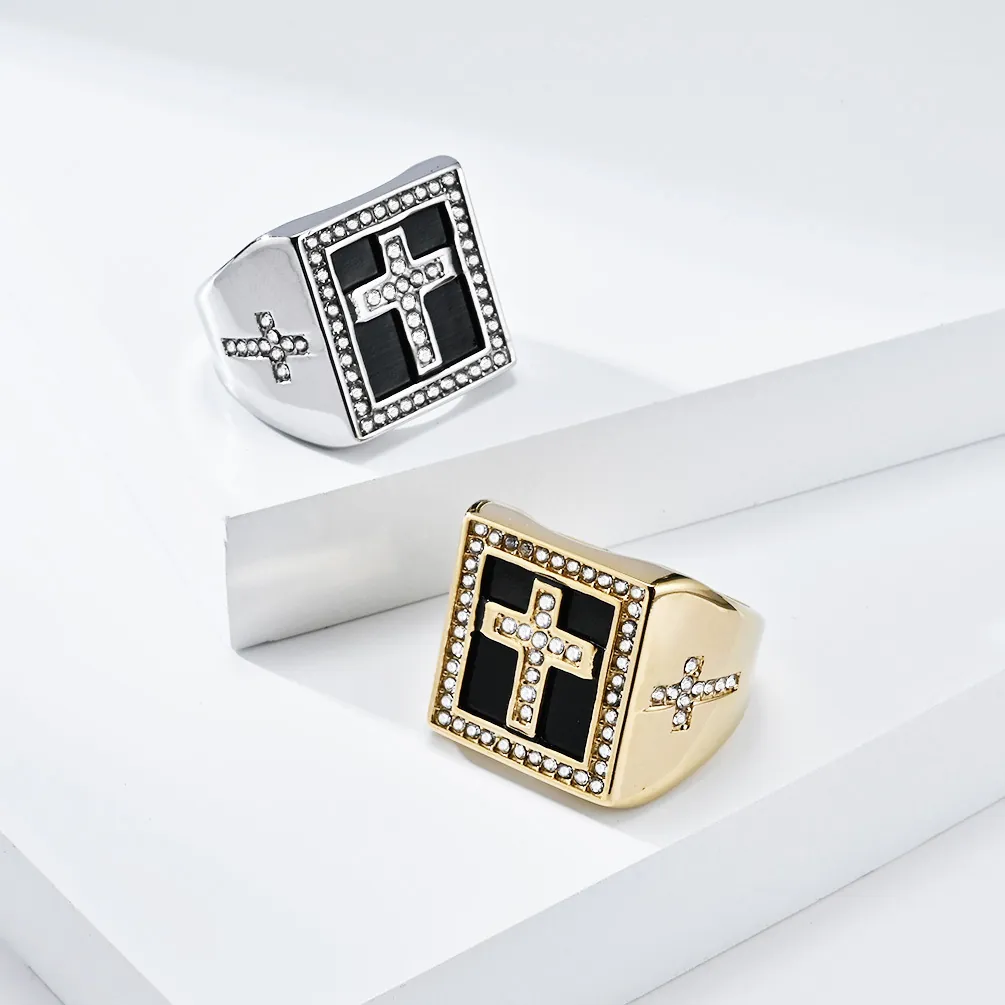 Men Signet Ring Titanium Steel Square Black Enamel Cross Cubic Zirconia Hip Hop Vintage Jewelry