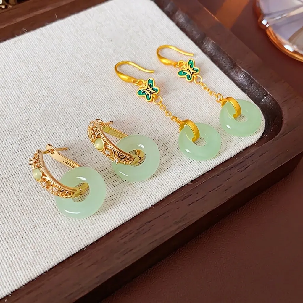 Boucles D'oreilles Papillon Anneau Vert Cuivre Zircon 925 Sterling Silver Earring Post Style Nouveau Chinois Femmes