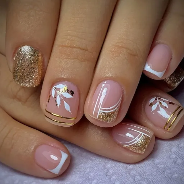 Press On Nails French White Tip Gold Silver Glitter Nude Pink Glossy Short Square Artificial False Fingernails For Women