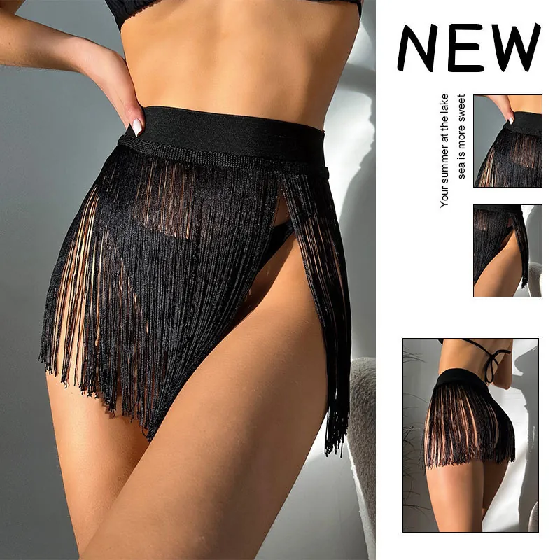 Women Tassel Mini Skirt Fringe Bikini Cover Up High Waist Elastic Polyester Beach Vacation Dancewear Solid Color