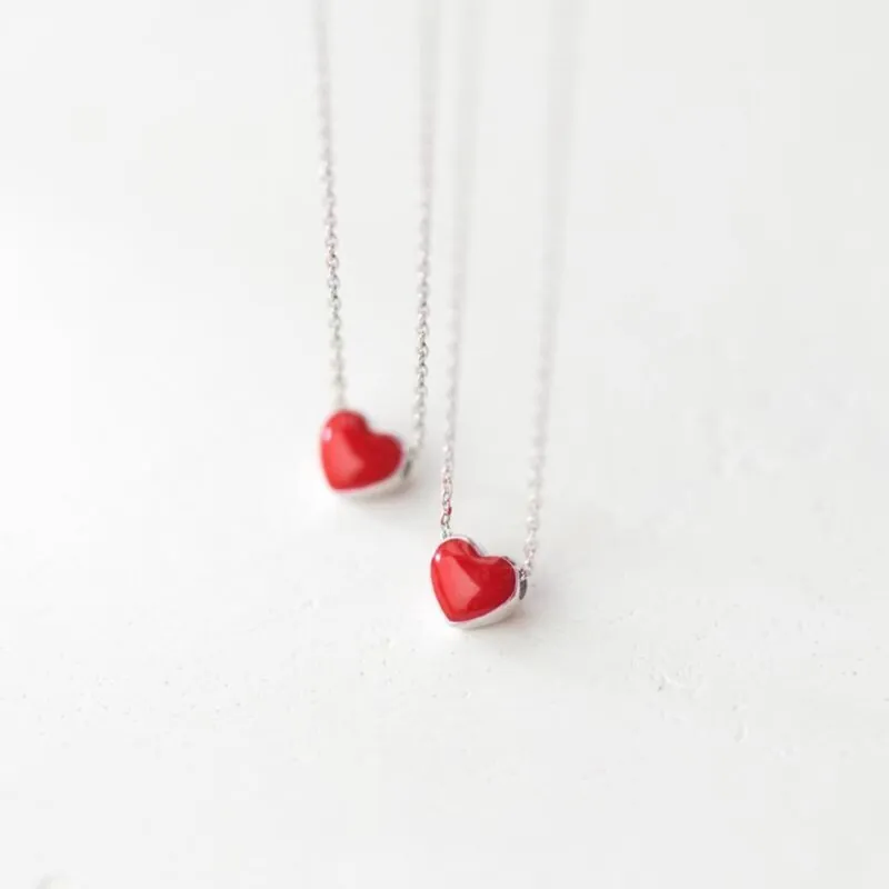 Red Heart Pendant Necklace Copper Enamel Simple Geometric Clavicle Chain Korean Style Sweet Jewelry For Women