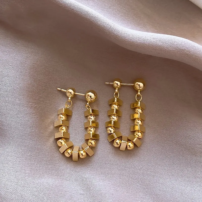 Geometric U-Shaped Hoop Earrings With 925 Sterling Silver Earring Post Modern Metal Bead Patchwork For Women Chic Jewelry