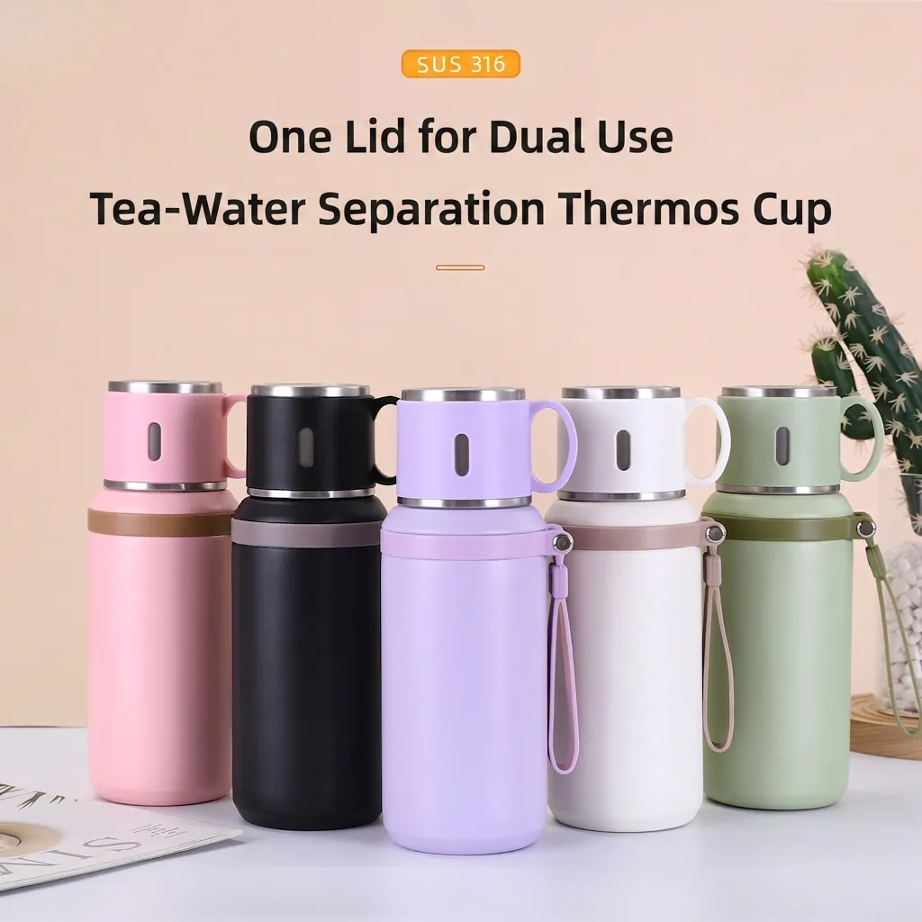 Vacuum Insulated Water Bottle 316 Stainless Steel Thermos Flask With Tea Infuser Cup Lid And Carrying Strap Matte