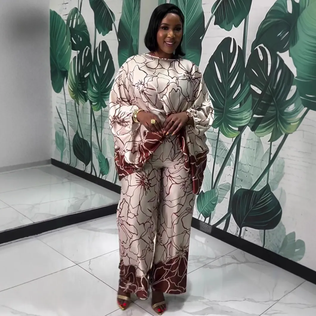 Women Floral Print Long Sleeve Top And Wide Leg Pants Loose Satin Plus Size Casual Elegant