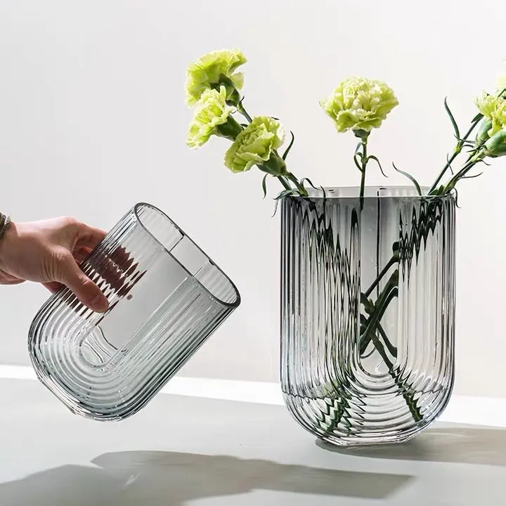 U-Shaped Glass Vase Nordic Minimalist Ribbed Texture Modern Home Decor Geometric Flower Arrangement Ornament Tabletop
