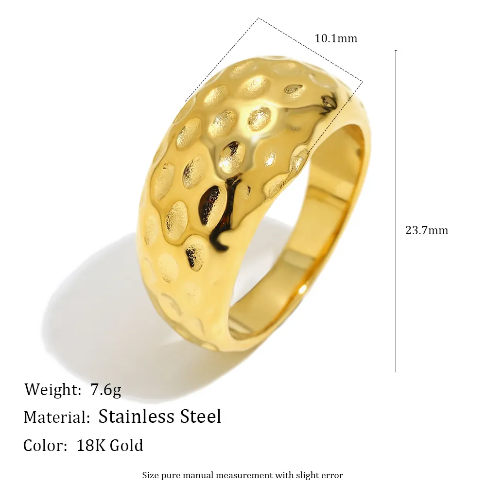 Gehämmerte Textur Ring 18K Vergoldet Edelstahl Minimalistisch Breit Band Schmuck Für Damen