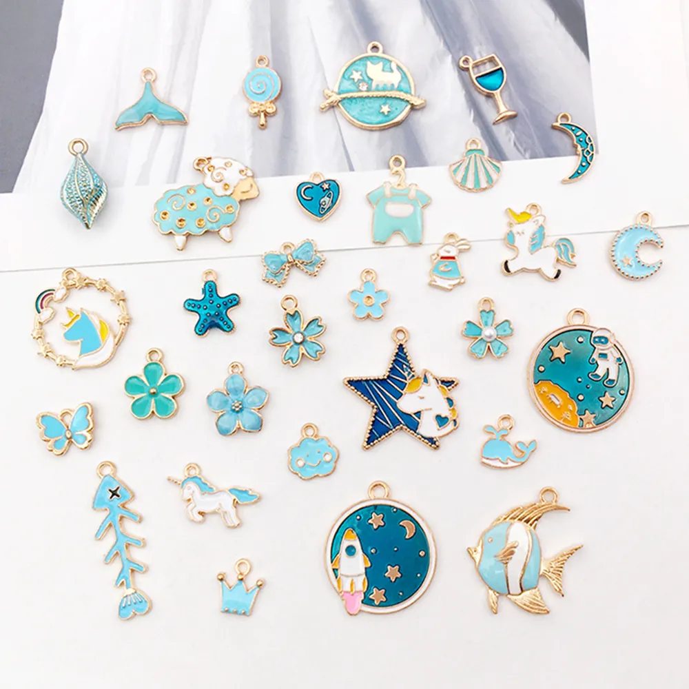 Lake Blue Alloy Enamel Pendants DIY Jewelry Accessories Cartoon Unicorn Mermaid Starfish Charms For Necklace Bracelet Making