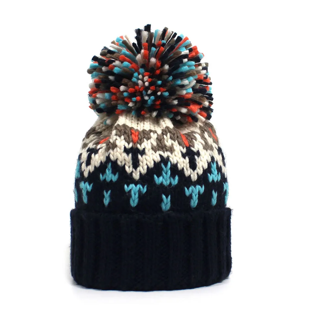 Damen Winter Warm Strickmütze Mit Bommel Acryl Jacquard Muster Umschlag Beanie Mütze Für Outdoor Modisch Pendeln