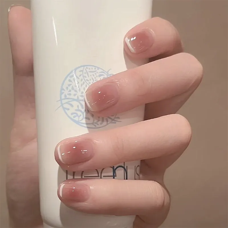 Künstliche Nägel Zum Aufkleben Rosa Ombre Französischer Stil Kurz Rund Glänzend Abnehmbar Elegant
