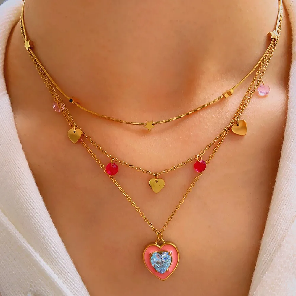 Stainless Steel Heart Pendant Necklace For Women Gold Plated Multi Layer Star Chain Rhinestone Choker Fashion Jewelry Gift