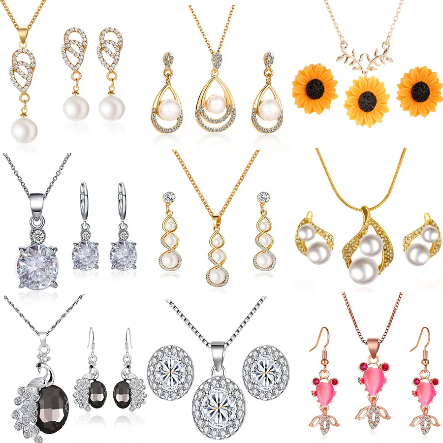 Mode Elegantes Künstliche Perle Strass Schmuckset Für Damen Zirkonia Legierung Blumen Wassertropfen Anhänger Halskette Ohrringe Schmuckset Für Hochzeit Party