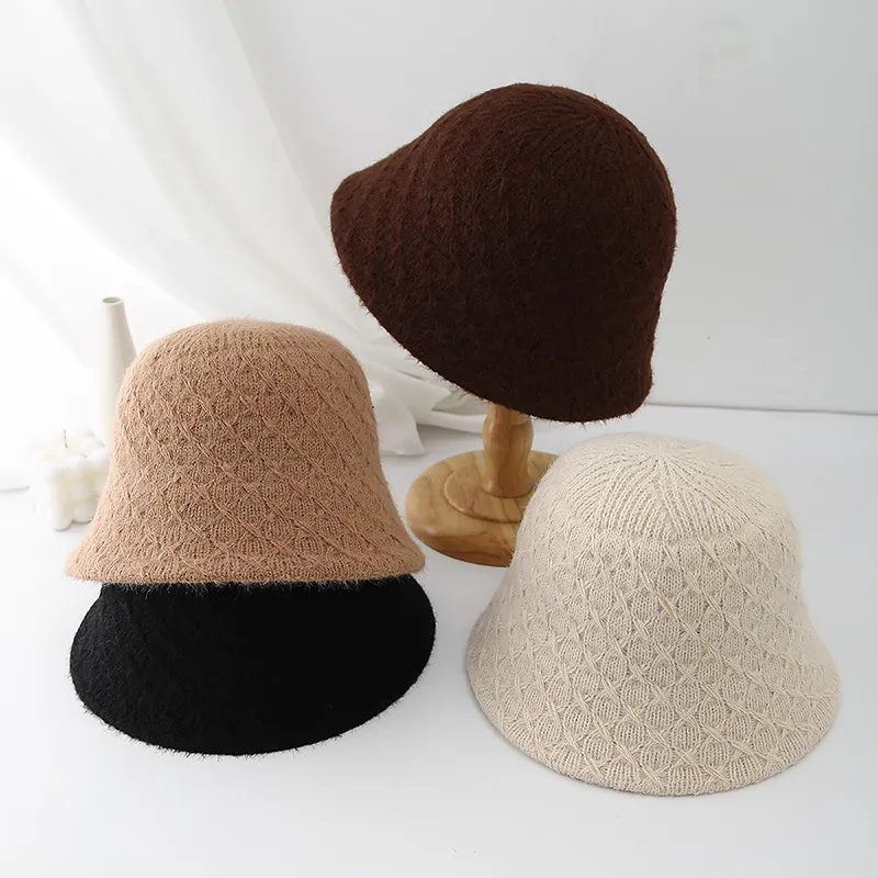 Chapeau Cloche Tricoté Fausse Fourrure De Vison Chaud Hiver Motif Diamant Élégant Couleur Unie Pour Femmes