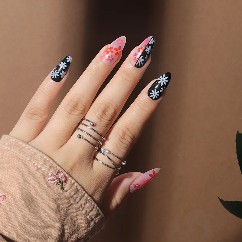 Floral Press On Nails Stiletto Almond Shape Water Drop Fake Nails Pink Black Daisy Pattern Long Manicure Nails Tips DIY