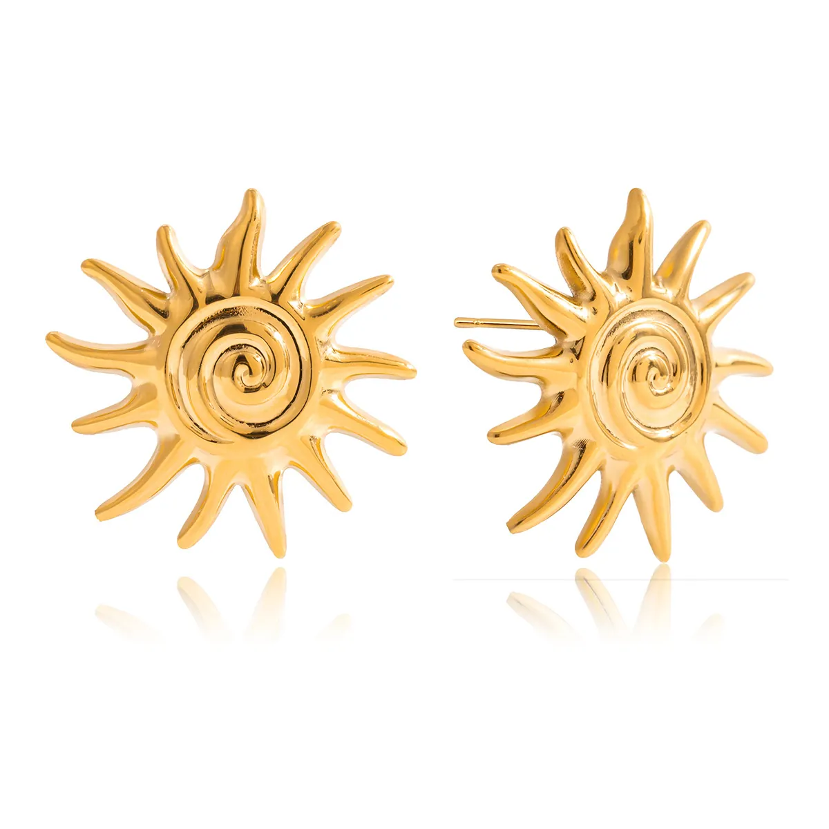 Boucles d'Oreilles Clous Soleil en Acier Inoxydable pour Femmes Style Bohème Spirale Couleur Or Bijoux de Luxe