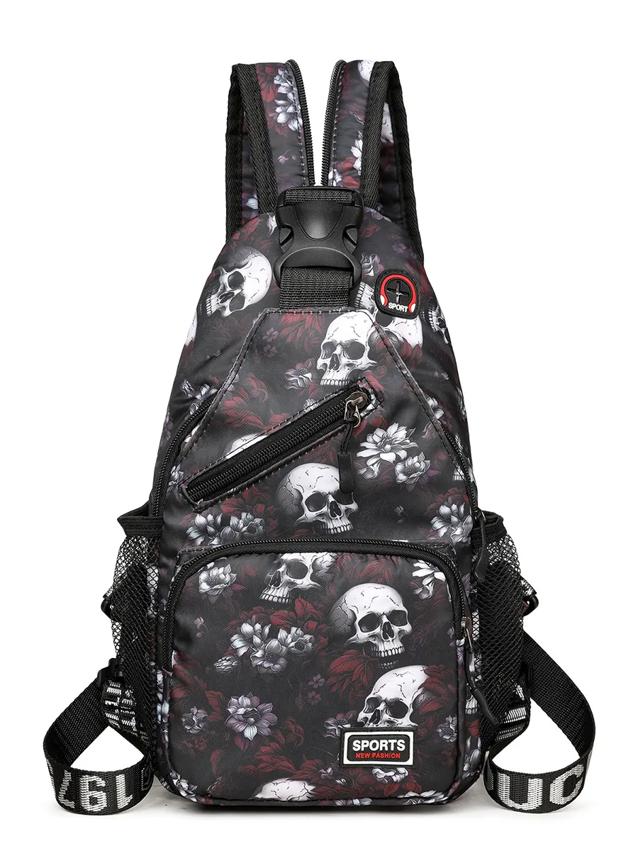 Brusttasche Mit Totenkopf Blumenmuster Oxford Umhängetasche Mit Kopfhörerloch Mehreren Taschen Casual Gothic Streetwear