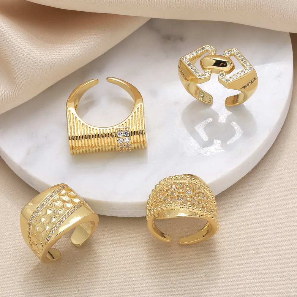 Hochwertiger Unregelmäßiger Geometrischer Offener Ring Für Damen Kupfer Vergoldet Zirkonia Eingelegt Minimalistischer Modeschmuck Ring Geschenk