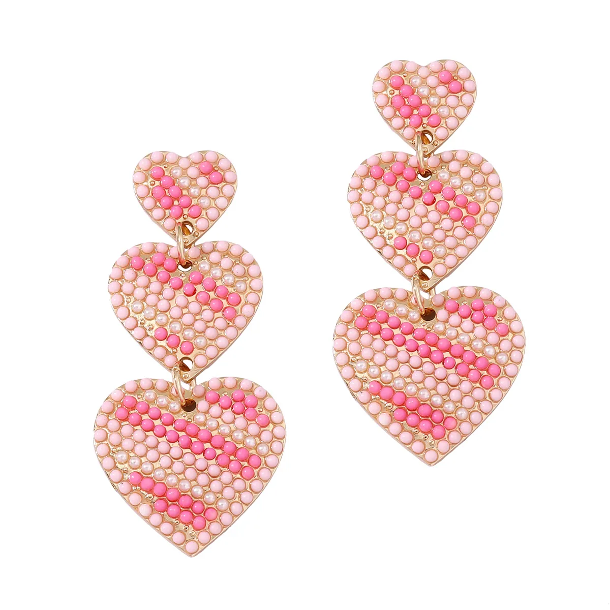 Heart Dangle Earrings Vintage Alloy Pink Faux Artificial Pearl Beads Rhinestone Layered Drop For Women Sweet Exaggerated Style