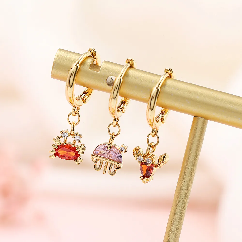 Ocean Series 18K Gold Plated Copper Hoop Earrings For Women Cartoon Crab Seahorse Whale Starfish Rhinestone Pendant Drop Earrings Jewelry Gift
