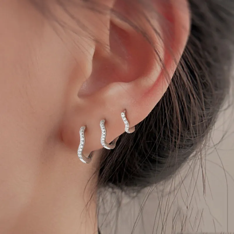 Wave Hoop Earrings Copper With Zirconia Minimalist Geometric Huggie Daily Wear Jewelry For Women And Men