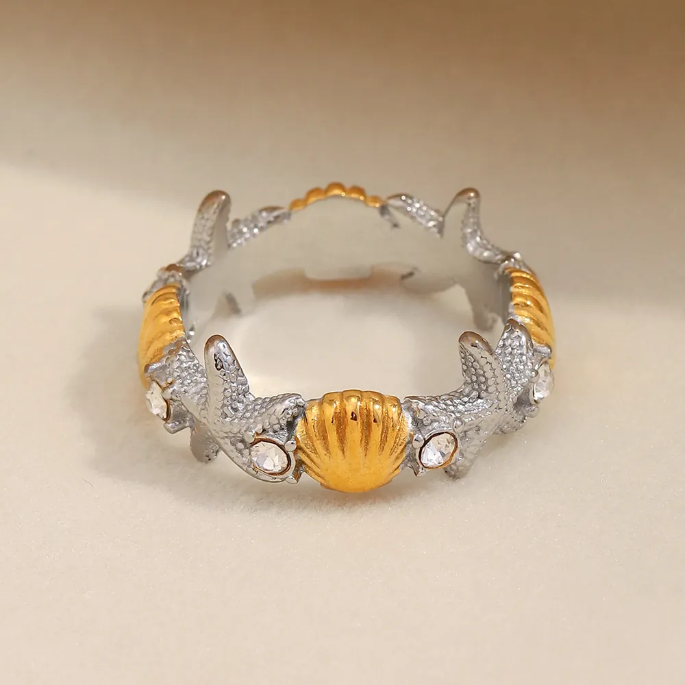 Starfish Shell Ring Stainless Steel 18K Gold Plated Two-Tone Cubic Zirconia Marine Ocean Beach Jewelry For Women