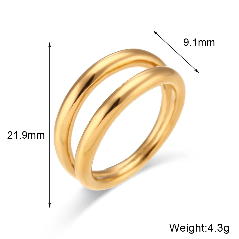 Double Layer Stainless Steel Ring 18K Gold Plated Smooth Round Line Minimalist Geometric Finger Jewelry For Women