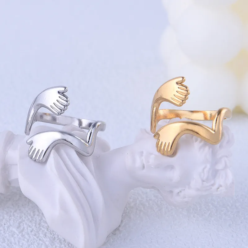 Bague Mains Qui S'Embrassent Acier Inoxydable Ajustable Ouverte Hip Hop Bijoux Uniques Hommes Femmes