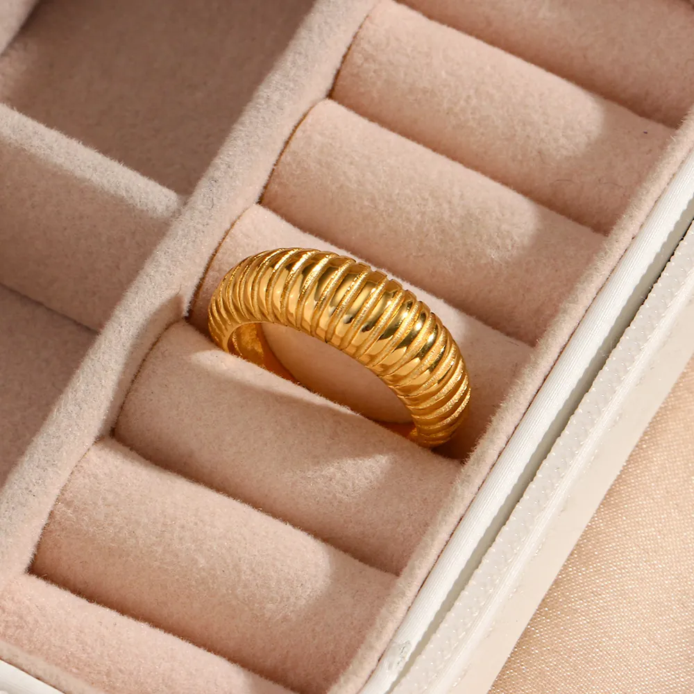 Croissant Band Ring 18K Gold Plated Stainless Steel Striped Colorful Enamel Vintage Chunky Fashion Jewelry For Women