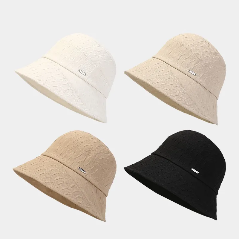 Women Pleated Texture Bucket Hat Polyester Breathable Sun Protection Summer Beach Foldable Japanese Style Elegant