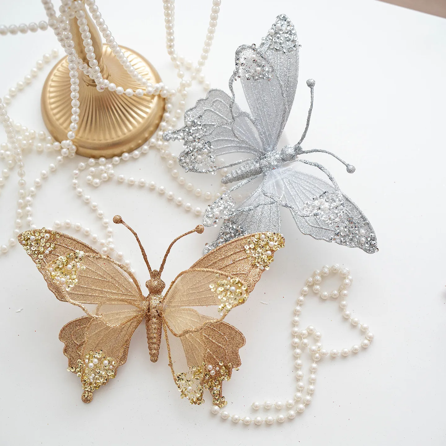 Glitter Mesh Butterfly Christmas Tree Hanging Ornament With Sparkly Rhinestone Artificial Pearls Xmas Party Home Festival Decor