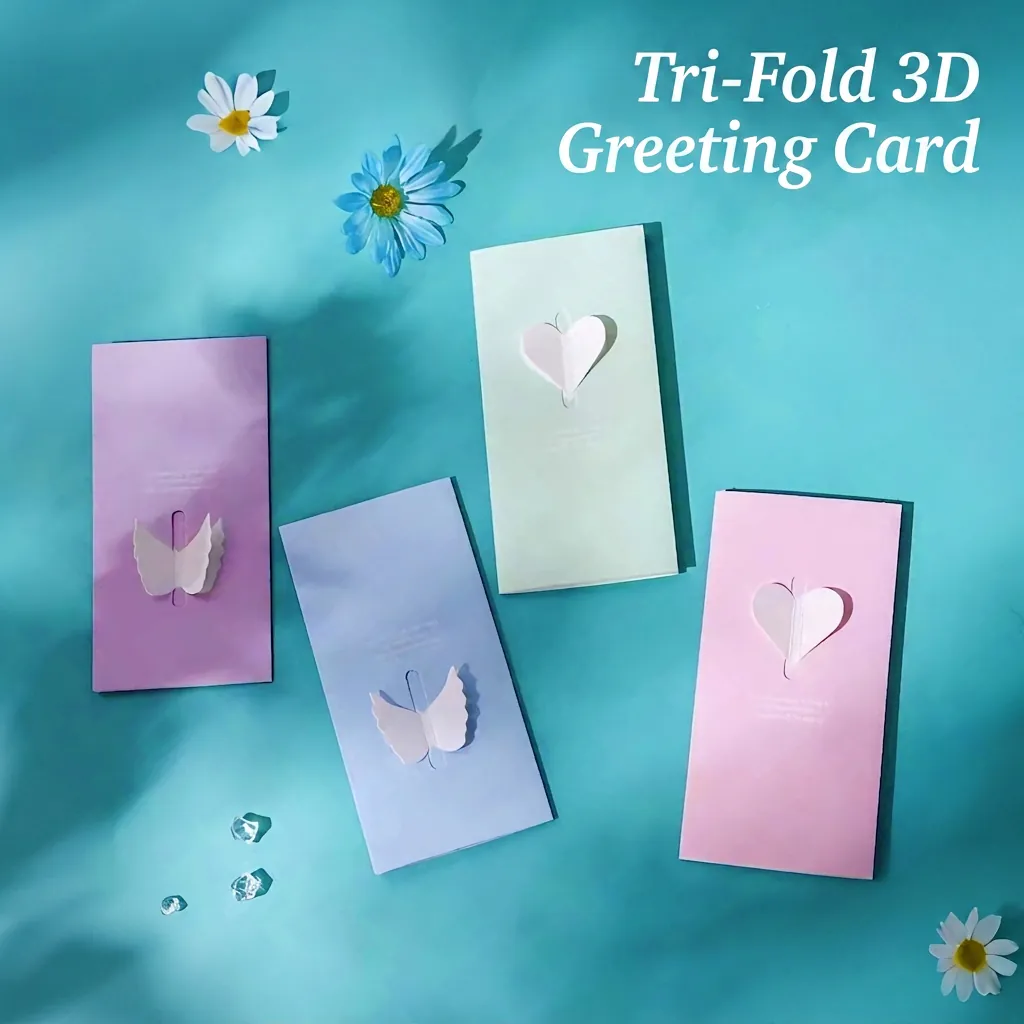 Pop Up Greeting Card Large Tri-fold Paper Heart Wing For Birthday Mother's Day Teacher's Day Elegant Fresh Gift Stationery