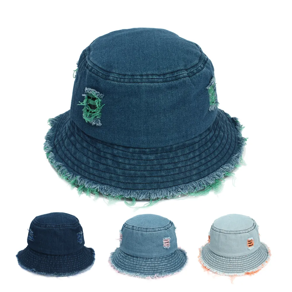 Distressed Denim Bucket Hat With Frayed Edges Colorful Cotton Sun Protection Streetwear Casual Cap For Women Men