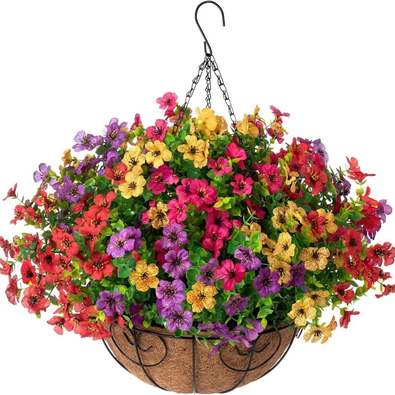 Hanging Artificial Flower Basket With Coconut Coir Liner Metal Chain Realistic Faux Daisy For Outdoor Garden Patio Decor