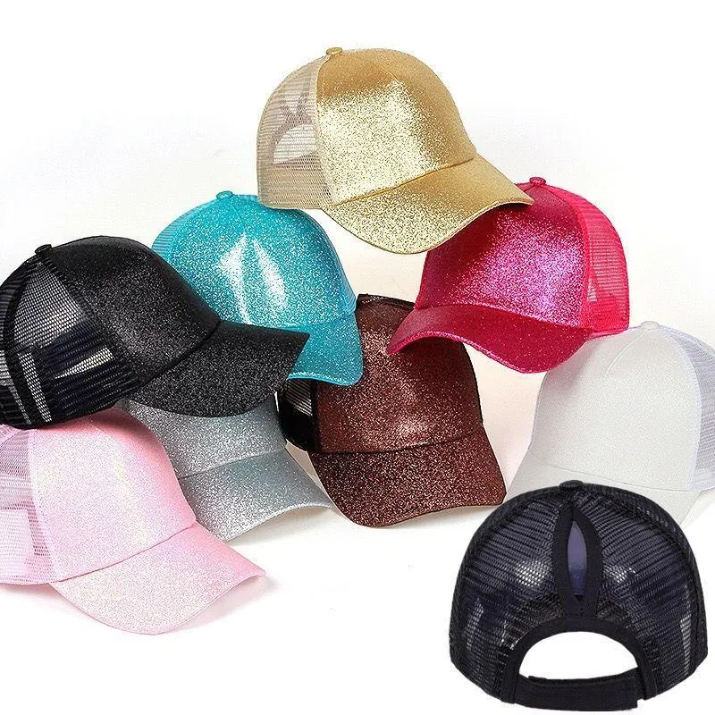 Berretto da Baseball con Paillettes Luccicanti per Coda di Cavallo Cappello da Sole a Rete Traspirante Regolabile da Donna
