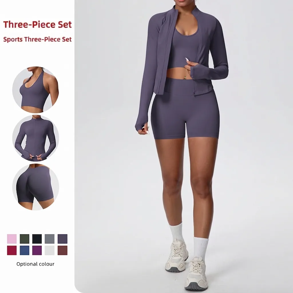 Ensemble de Yoga et d'Entraînement 3 Pièces pour Femmes en Tricot Nervuré Veste à Fermeture Éclair à Manches Longues Gilet de Sport et Short à Taille Haute Top And Bottom