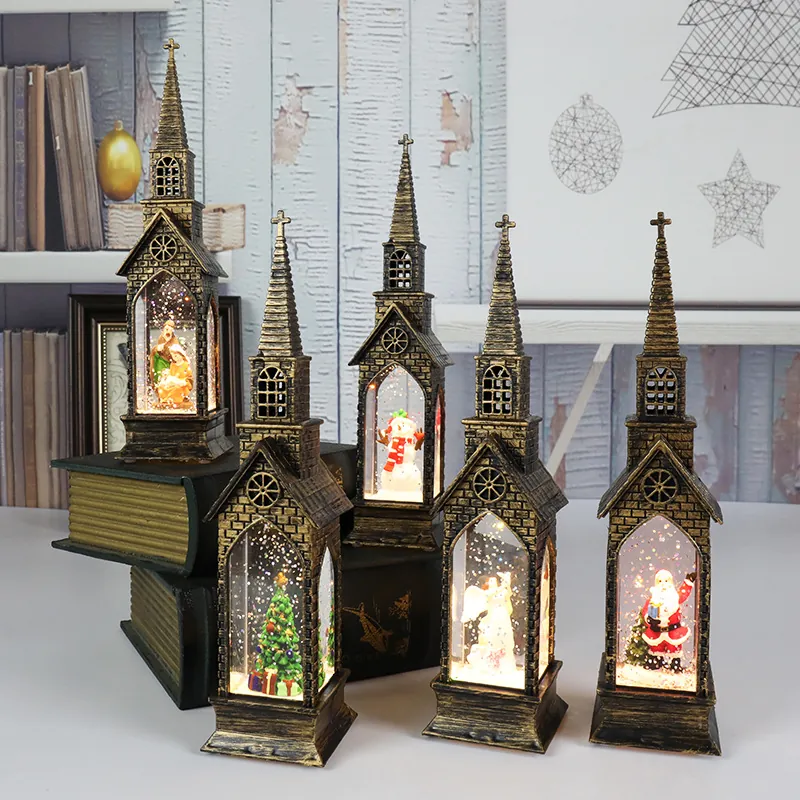 Retro Weihnachten Kirche Laterne LED Nachtlicht Kunststoff Bronze Glitzer Schneekugel Weihnachtsmann Desktop Deko